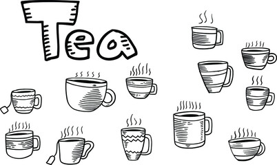 Tea cup icons set the teacup doodle comic design