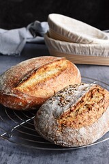 Homemade sourdough bread on the grey background