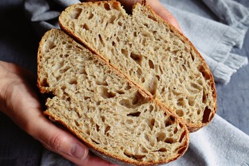Homemade sourdough bread on the grey background