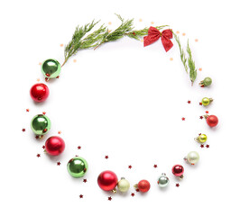 Frame made of balls, fir tree branches and confetti on white background