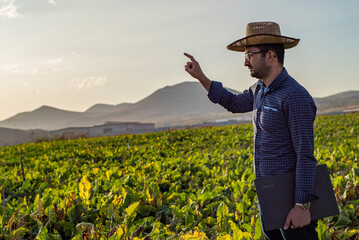 Smart farming, using modern technologies in agriculture. young man agronomist farmer with laptop in...