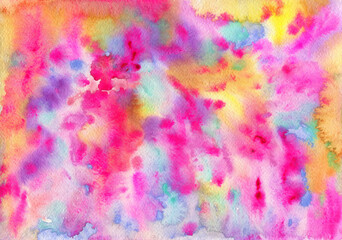 Watercolor texture. Art abstract background with stains, drips, brushstrokes. Colorful bright pink hand drawn illustration.