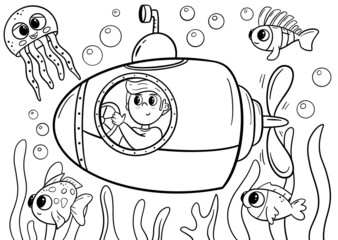 Submarine coloring page for children. Illustration for coloring, design, preschool education, print and game.