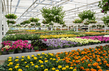 Blumenzucht, Einblick in ein wundersch&ouml;n arrangiertes Gew&auml;chshaus  mit gro&szlig;er Blumenauswahl.