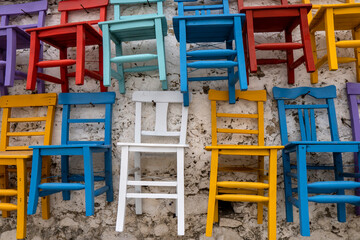 Fototapeta na wymiar Roadside marketplace with handmade colorful chairs in Turkey