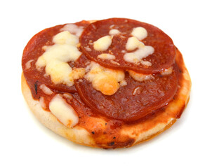 Tasty pizza with sausage from the top on white background