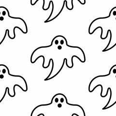 Seamless pattern graphic doodle Halloween ghost in black color. For packaging, advertising, textiles, holiday decorations