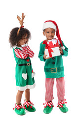 Little African-American children dressed as elves with gifts on white background