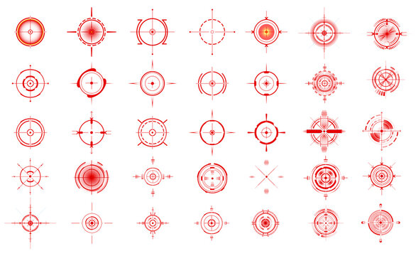 Pain spots local, joint and muscles pains. Red painful target spot, targeting medication remedy circle and joint pain spots. Red pain circles. Vector isolated set