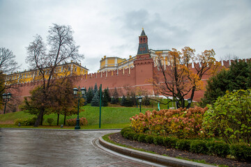 Amazing autumn in Alexandrovsky park near Kremlin Moscow.