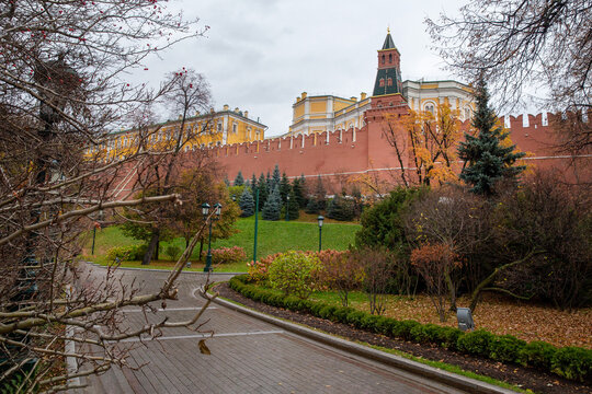 Amazing autumn in Alexandrovsky park near Kremlin Moscow.