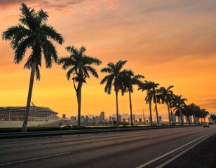 sunset road palms Miami Florida sky views panorama landscape orange 