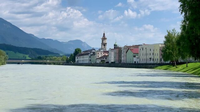 The flowing iced stream on the glass city of Rattenberg in Austria