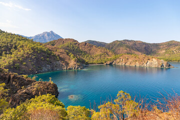 Fototapeta na wymiar Beautiful nature landscape in Turkey coastline. View from Lycian way. This is ancient trekking path famous among hikers.