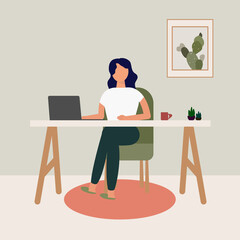 Woman sitting in a chair while work at home or coworking space. Woman freelancer work on laptop computer. Work from home, freelance, distance education, e-learning vector illustration.  