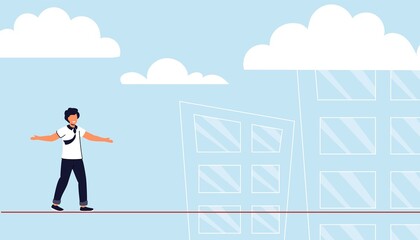 Obraz premium Taking risk concept for success Man walking on tight rope symbol vector illustration Business risk and challenge in career path Business project deadline Time management Assessment and control