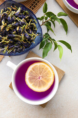 Cup of organic butterfly tea and dried flowers on light background