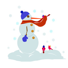 Pupazzo di neve e uccellini , illustrazione isolata su sfondo bianco