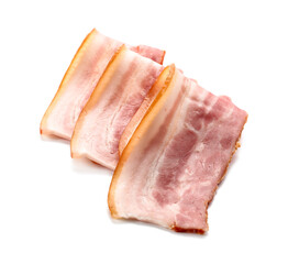 Slices of smoked bacon on white background