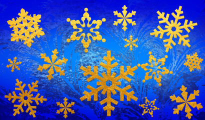 Christmas vector background. Cover. Gold snowflakes on the blue backdrop. Frosty patterns on the window. Vector texture for flyer, poster, banner. Light. Glow. Gradient. Winter. Cold. Snow.