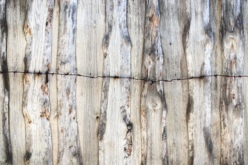 An old fence made of dried and cracked wooden panels with rusty barbed wire on top of it as a background