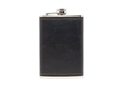flask with leather cover isolated on white
