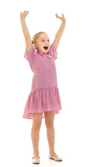 The little girl opened her mouth in surprise.Isolated over white