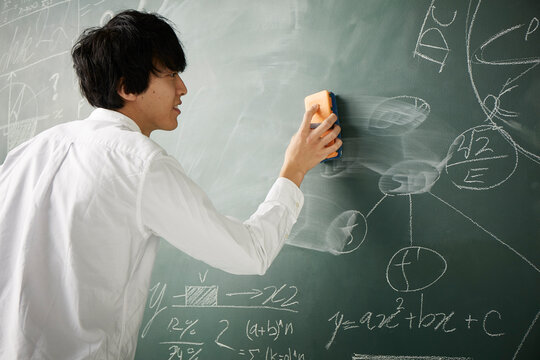 数式の書かれた黒板を消す