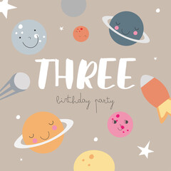 Space Party Invitation Card Template, Birthday Party in Cosmic Style Celebration, Greeting Card, Flyer Cartoon Vector. Kids illustration with planets and number three.
