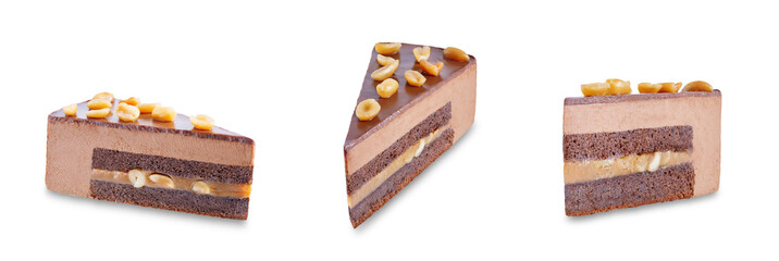 Chocolate peanut caramel slice cake with peanuts on a white isolated background