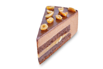 Chocolate peanut caramel slice cake with peanuts on a white isolated background