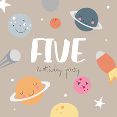 Space Party Invitation Card Template, Birthday Party in Cosmic Style Celebration, Greeting Card, Flyer Cartoon Vector. Kids illustration with planets and number five.