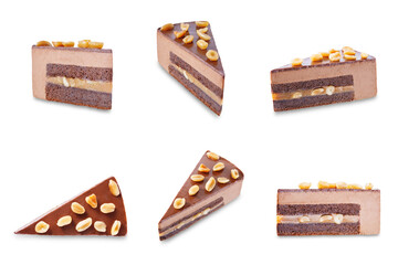 Chocolate peanut caramel slice cake with peanuts on a white isolated background