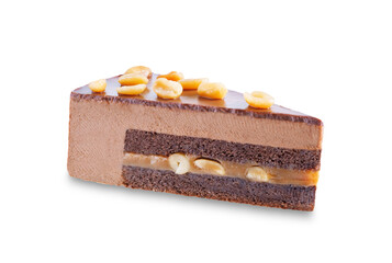 Chocolate peanut caramel slice cake with peanuts on a white isolated background