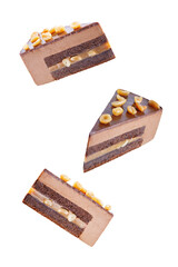 Chocolate peanut caramel slice cake with peanuts on a white isolated background