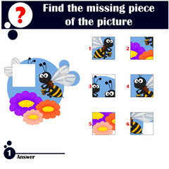 Puzzle game. Educational games for children. Find the missing piece of the picture. Set of cute bees with honey buckets