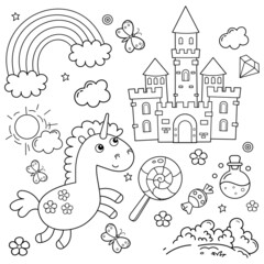 Coloring Page Outline Of cartoon lovely magic unicorn. Royal castle. Fairy tale hero or character. Coloring Book for kids.
