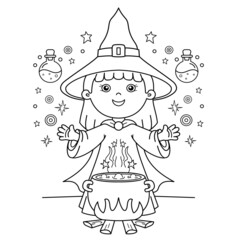 Coloring Page Outline Of cartoon little witch with magical pot. Magic potion and witchcraft.  Halloween. Coloring Book for kids.