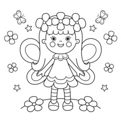 Coloring Page Outline Of cartoon flower fairy with wings. Little kind wizard or magician. Fairy tale hero or character. Coloring Book for kids.