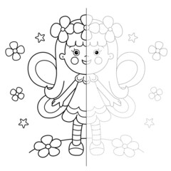 Draw symmetrically. Connect the dots picture. Tracing worksheet. Coloring Page Outline Of cartoon flower fairy with wings. Fairy tale hero. Coloring Book for kids.