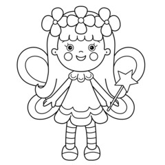 Coloring Page Outline Of cartoon flower fairy with magic wand. Little kind wizard or magician. Fairy tale hero or character. Coloring Book for kids.