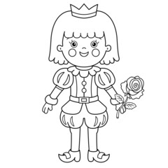 Coloring Page Outline Of cartoon lovely prince with magic rose. Beautiful young king. Fairy tale hero or character. Coloring Book for kids.