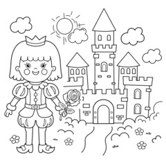 Coloring Page Outline Of cartoon lovely prince with magic rose. Beautiful young king. Royal castle or palace. Fairy tale hero or character. Coloring Book for kids.