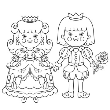 Coloring Page Outline Of cartoon lovely prince with beautiful princess. Royal wedding. Cinderella. Fairy tale hero or character. Coloring Book for kids.