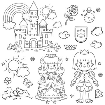 Coloring Page Outline Of cartoon lovely prince with beautiful princess. Royal castle. Fairy tale heroes or characters. Coloring Book for kids.