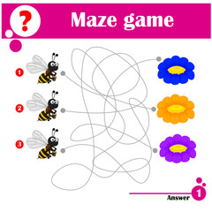 Educational game for children. Maze. A set of cute bees with buckets of honey flying to flowers