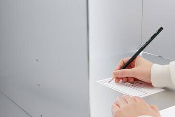 投票記載台を使用している女性の手元