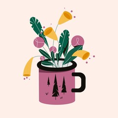 Metal enameled tourist mug for camping decorated with trees and flowers. Vector ilustration