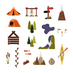 Set of vector icons for map creator, camping and hiking routes planning with tent, bonfire, waterfall, mountains, kayak. Vector illustration
