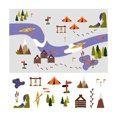 Set of vector icons, map creator for camping locations, outdoor activities, hiking routes. Vector illustration.